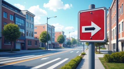 A merge sign on a pole in a modern urban street with buildings and trees in the background.