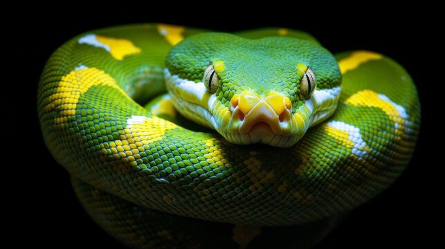 Green and yellow python coiled in a striking pose against a dark background