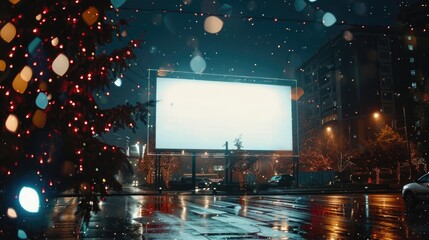 Mockup white screen billboard at night in new york city
