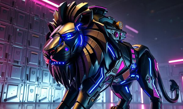 Cyberpunk Big Lion, Featuring Neon Lighted Circuit Patterns in Electric Blue and Magenta. Background Has Futuristic Holographic Look with Customizable Lighting Effects. 4k