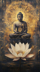 A Buddha with a lotus flower, sitting cross-legged and floating in the air
