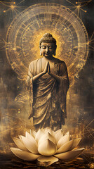 A Buddha with a lotus flower, sitting cross-legged and floating in the air
