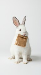 Obraz premium Adorable white rabbit holding a brown paper bag against a white background