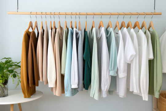 Wooden hangers with clothes on the rail in the store with clothing for sale. Flea market, second hand, discount, exchange, donation