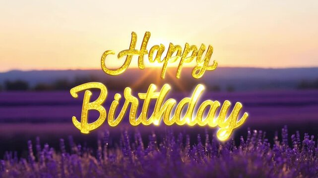 close-up A dreamy lavender field in Provence at golden hour. At the 3th second spelling Happy Birthday in a sparkling, magical effect