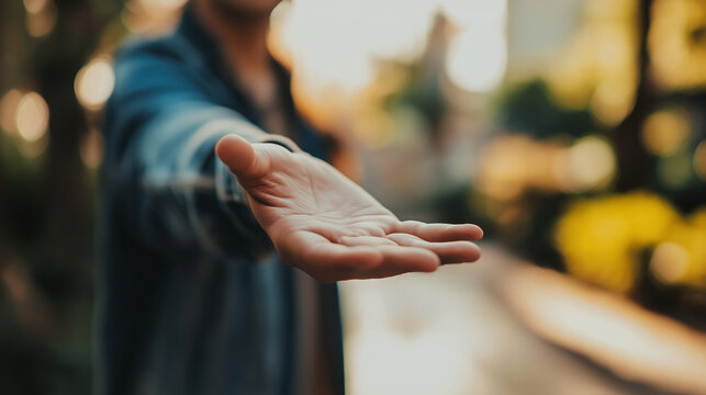 Man offering helping hand outdoors in city park