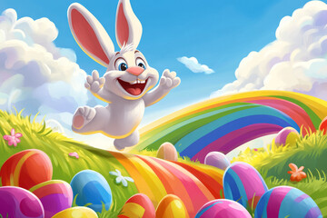 A playful, cartoon-style Easter Bunny sliding down a rainbow into a field of candy-colored Easter eggs, laughing joyfully.