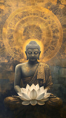 A Buddha with a lotus flower, sitting cross-legged and floating in the air
