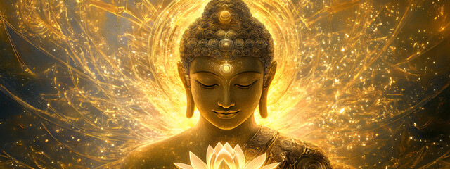 A Buddha with a lotus flower, sitting cross-legged and floating in the air
