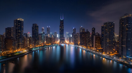 Fototapeta premium Luminescent Cityscape: Embracing the Night's Tranquil Charm with Urban Luminous Tapestry