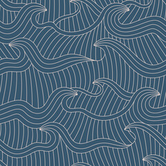 Hand drawn linear waves, ocean, sea, water seamless pattern. Simple line illustration for textile, fabric, banner