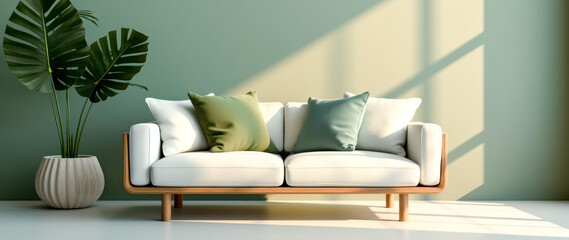 pristine white couch with green cushions in a sunlit living room