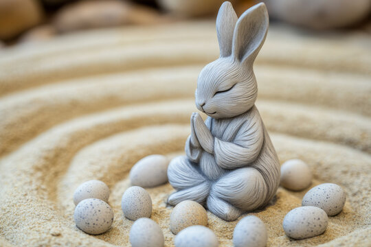 A peaceful Easter Bunny meditating in a zen garden, arranging small stone-like Easter eggs into a perfectly symmetrical spiral pattern.