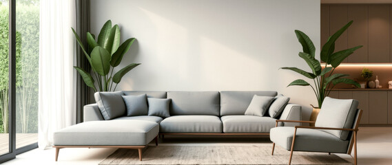 modern living room with grey sectional sofa and armchair