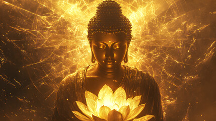 A Buddha with a lotus flower, sitting cross-legged and floating in the air
