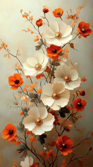 Floral art print, cream and orange blossoms on branches, soft background. Use home decor