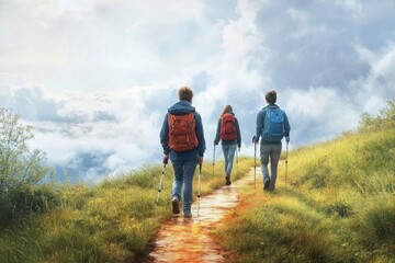 Three hikers walking along a grassy trail under a cloudy sky in nature