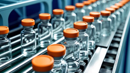Obraz premium Row of glass vials with orange caps on conveyor belt