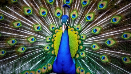 Obraz premium A vibrant peacock wallpaper showcasing the bird's stunning plumage with its feathers fully fanned out.