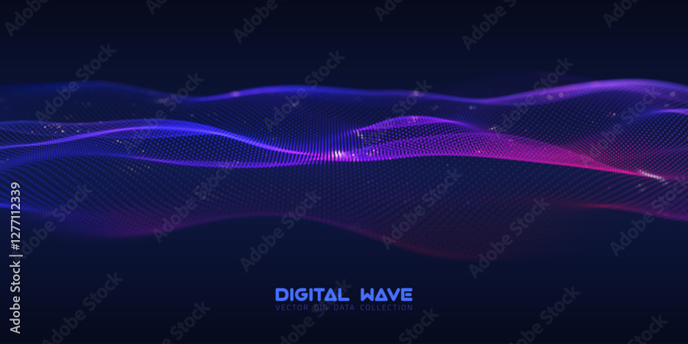 Poster abstract digital audio wave of particles with bokeh. futuristic ai technology. cyber data flow vecto