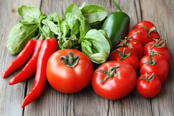 Fresh tomatoes, vibrant peppers, and fragrant basil arranged beautifully on a rustic wooden table, showcasing organic produce and culinary inspiration.