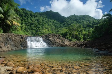 Serene Waterfall in Lush Tropical Paradise: Discover the breathtaking beauty of this hidden oasis, perfect for a tranquil escape and rejuvenating adventure.