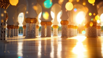 Majestic Mosque Interior with Sunlight and Warm Glow Effects