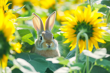 Fototapeta premium A playful Easter Bunny playing hide and seek among tall sunflowers, its fluffy ears peeking out behind golden petals.