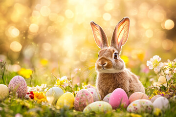 A traditional Easter Bunny surrounded by a forest of colorful Easter eggs and delicate spring flowers, with a soft golden glow in the background.