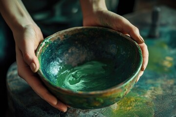 Obraz premium Hands gently hold a rustic, green-glazed bowl filled with vibrant green pigment, showcasing the artistry of pottery.