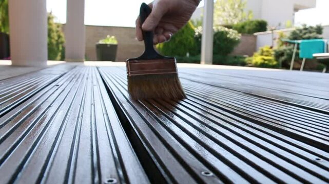 Wood worker's hand is oiling terrace deck with a painting brush