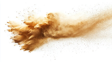 A dramatic sand explosion sends golden waves soaring into the air, forming an abstract cloud of flying particles. Captured in high-speed motion, this isolated scene stands against a white background