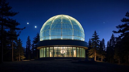 Obraz premium Stunning observatory with glowing dome amidst dark pines