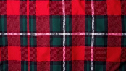Red and green plaid fabric with a classic tartan pattern.