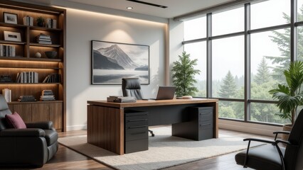 Fototapeta premium A modern principal office with a large wooden desk, leather chair, bookshelf, and large windows overlooking a forest.