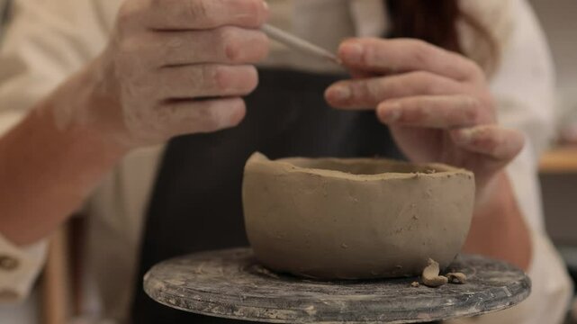 Potter sculpts a ceramic mug from clay in the pottery studio 4k video. Molding earthenware with potters tools.