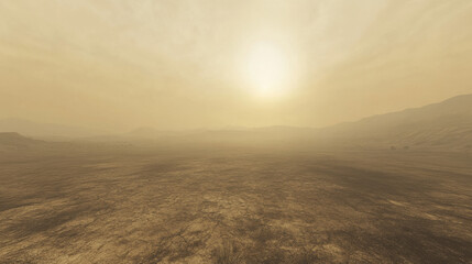 A vast, barren landscape stretches beneath a dust storm, where cracked earth meets a hazy sky with the sun barely visible--symbolizing drought and desertification