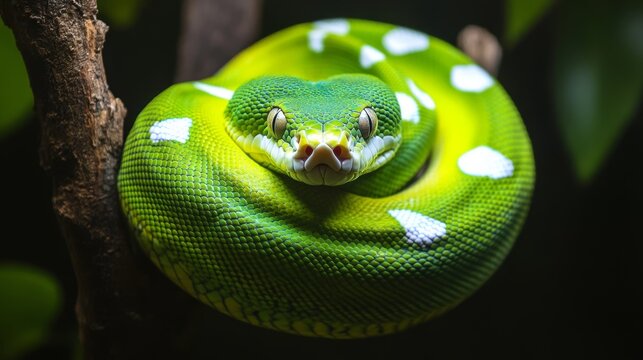 Emerald green tree python coiled on a branch with an intense gaze