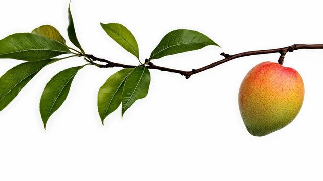 Colorful mango hanging from a branch with vibrant green leaves in a natural setting