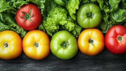 Fototapeta premium A diverse array of vegetables is beautifully arranged on a table, showcasing their vibrant colors and unique shapes, perfect for healthy meals.