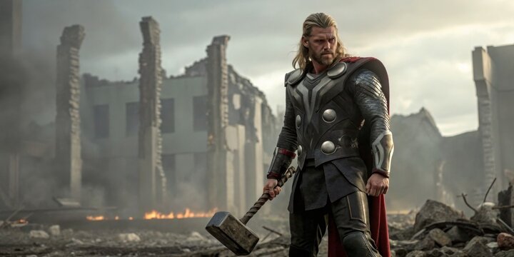 Heroic figure stands amidst ruins holding a powerful weapon in a dramatic landscape