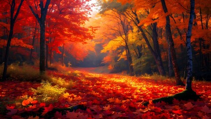 Vibrant autumn foliage illuminates a serene forest