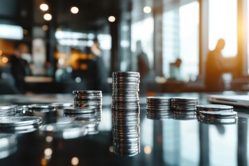 Several stacks of coins are neatly arranged on a table, showcasing varying heights and sizes, highlighting their metallic sheen and value.