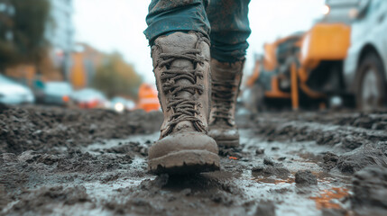 Naklejka premium Close-up of muddy work boots walking through a wet construction site.