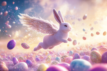 A surreal Easter Bunny with wings, flying over a field of floating eggs, leaving behind a trail of shimmering sparkles.