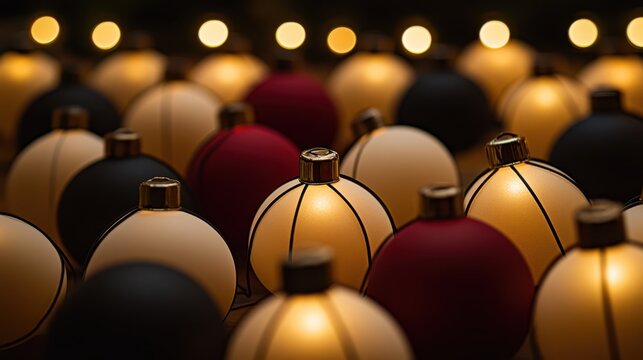 A vibrant array of Christmas ornaments in various colors, neatly arranged in a row, showcasing festive beauty and holiday spirit.