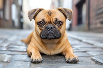 Fototapeta premium A small dog rests comfortably on the ground, showcasing its relaxed demeanor and adorable features in a serene setting.