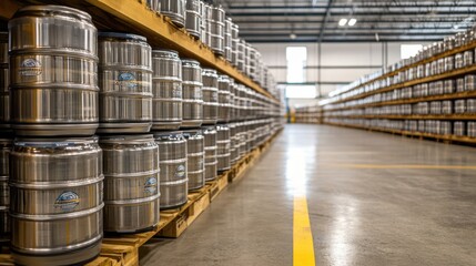 Shelves filled with metal kegs are organized in a warehouse, featuring distinct yellow lines on the floor for efficient navigation and safety.
