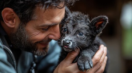 A joyful moment between a man and a black puppy, showcasing human-animal bonds. The man smiles gently while cradling the puppy who looks curious and playful.
