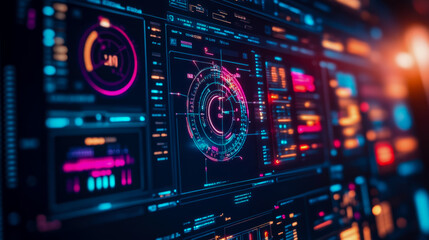 Fototapeta premium Futuristic Digital Interface Dashboard for Data Analysis and Monitoring, Design for HUD Display